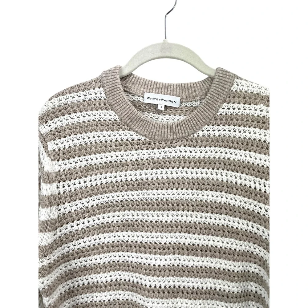 White + Warren striped knit cotton linen sweater‎ Size S tan white crochet boho